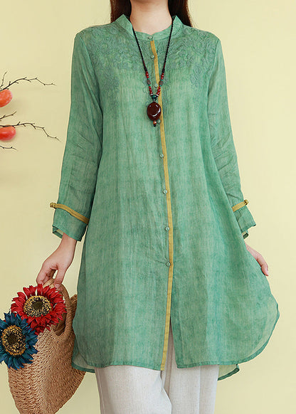 Green Button Thin Patchwork Linen Blouses