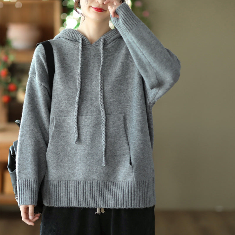 Thick Twist Drawstring Hooded Knit Sweater