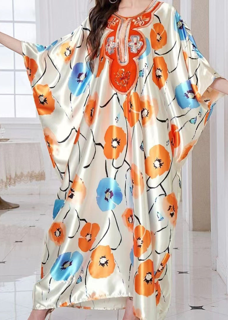 Apricot Oversized Print Silk Holiday Dress Summer