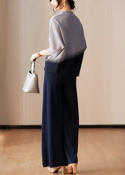 Classy Navy Tops and Pants Ice Silk Two Pieces Set Spring