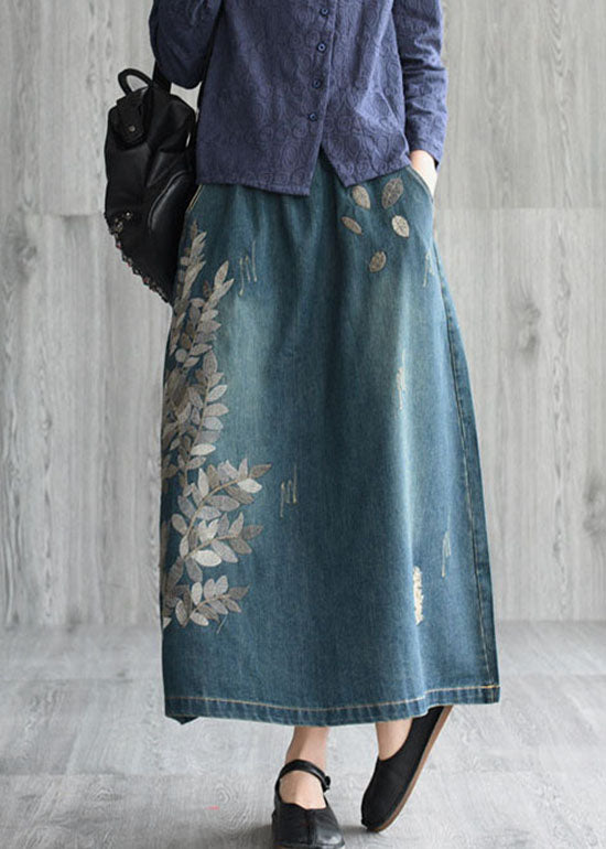 Natural Dark Blue Pockets Embroideried Cotton Denim Skirts Spring