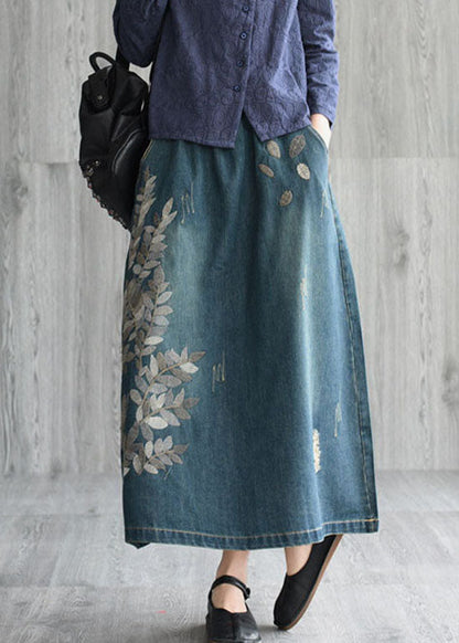 Natural Dark Blue Pockets Embroideried Cotton Denim Skirts