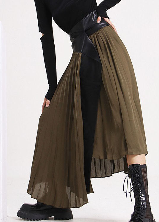 Army Green Asymmetrical Faux Leather Patchwork Chiffon Skirts Spring