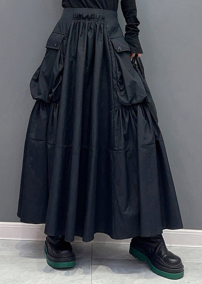 Modern Black Pockets Wrinkled Patchwork Cotton Skirts