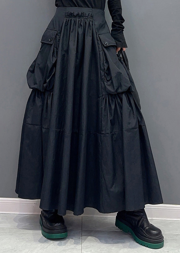 Modern Black Pockets Wrinkled Patchwork Cotton Skirts
