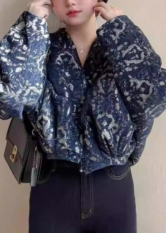 Blue V Neck Button Print Cotton Short Coats Fall
