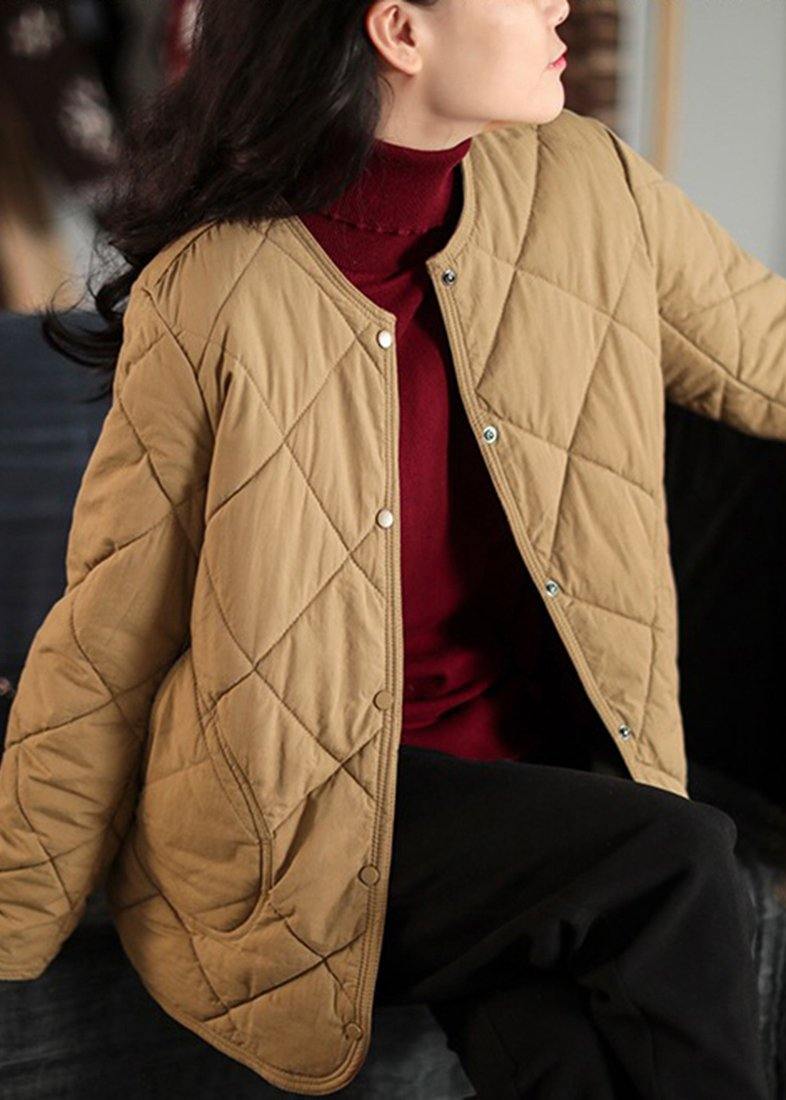 New Warm Coat Khaki O Neck Pockets Coat