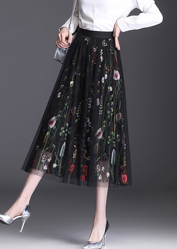 Black Embroidered Elastic Waist Tulle Skirt Summer