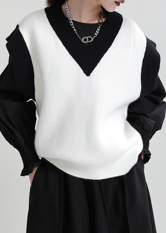 White V Neck Patchwork Thick Knit Vest Tops Winter