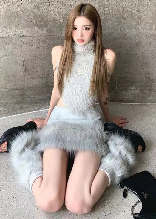 Grey Turtleneck Patchwork Tops and Skirts Knit Two Pieces Set Sleeveless
