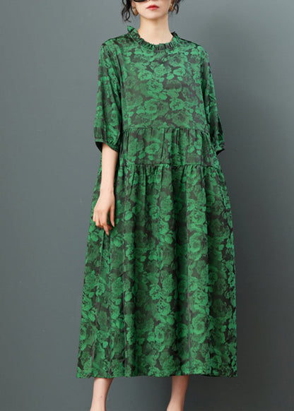Green O-neck Print Drawstring Maxi Dress Half Sleeve