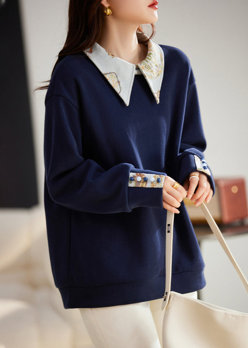 Navy Peter Pan Collar Patchwork Warm Fleece Pullover Tops Winter