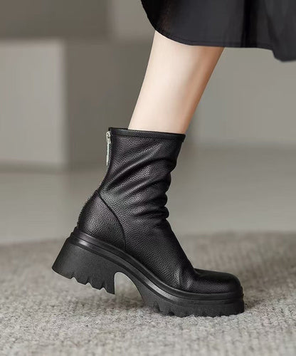 White Cowhide Leather Splicing Chunky Boots