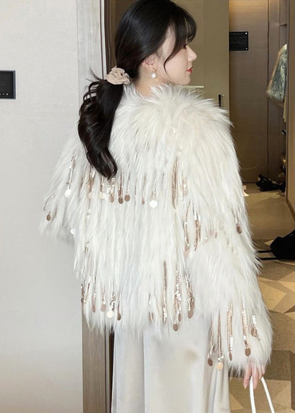 Beige Sequins Tassel Mink Hair Coats Winter