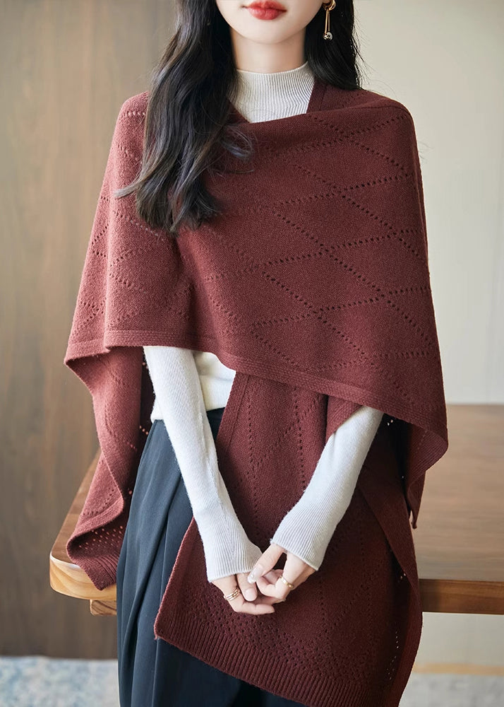 Art Red Hollow Out Knit Shawl Sweater Fall
