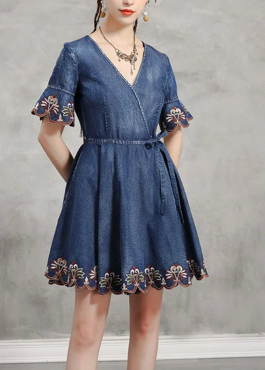 Unique Blue Tie Waist V Neck Embroideried Cotton Denim Dress Flare Sleeve