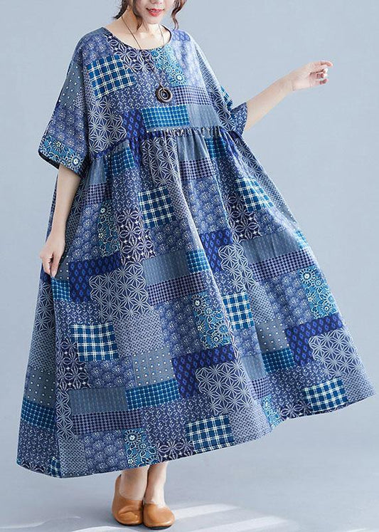 Italian Navy Plaid Linen Cotton Clothes for O Neck Cinched Cotton Dress