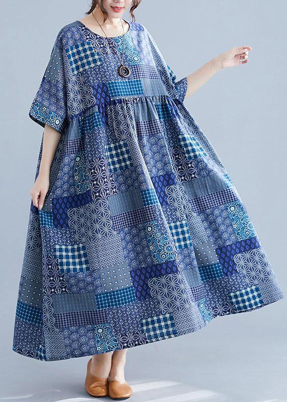 Italian Navy Plaid Linen Cotton Clothes for O Neck Cinched Cotton Dress
