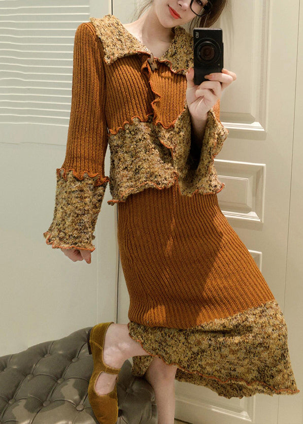 French Peter Pan Collar Print Patchwork Cotton Knit Cardigans and Maxi Skirts Two Pieces Set Spring
