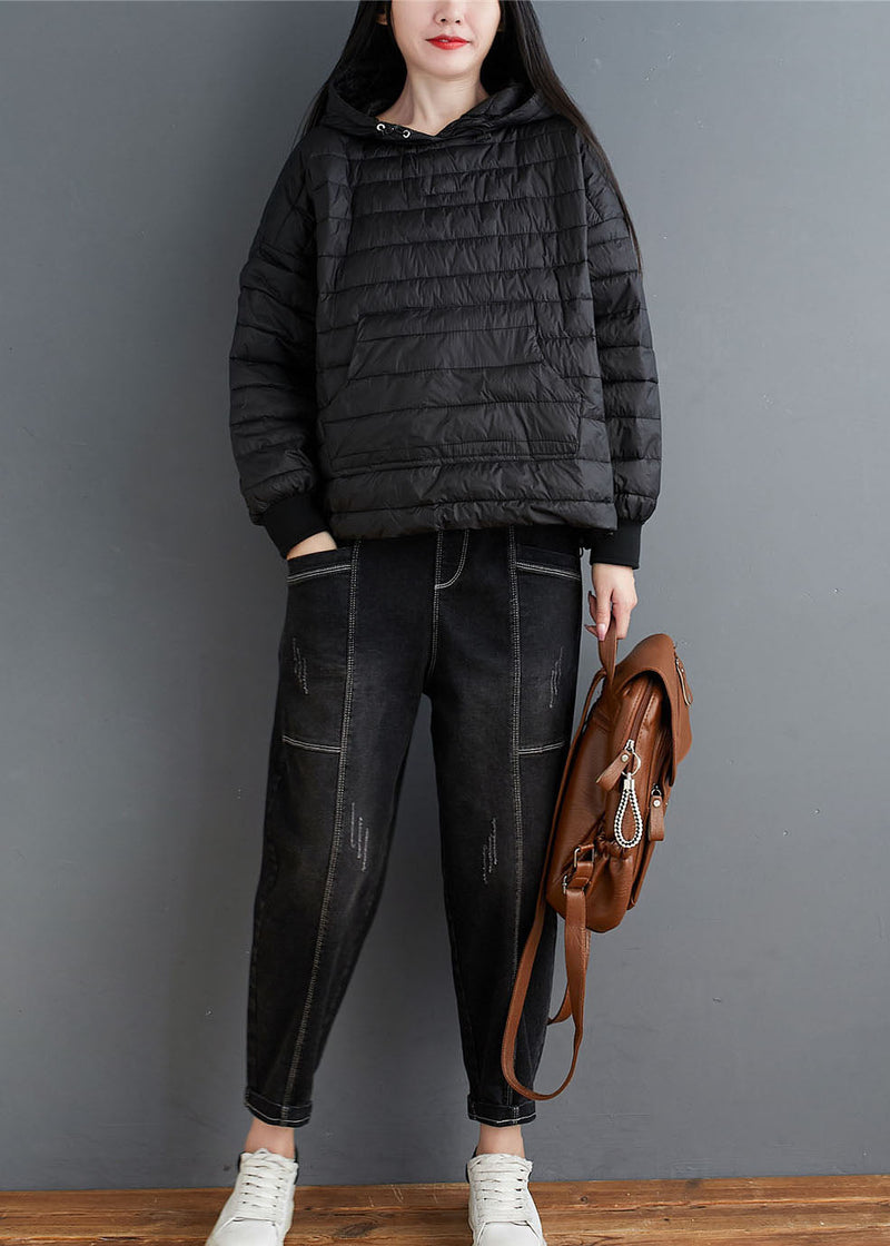Black Drawstring Fine Cotton Filled Jackets Hooded Winter