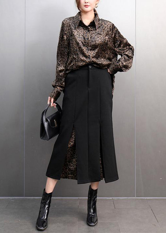 Leopard Peter Pan Collar Button Shirts and Maxi Skirts Two Pieces Set Spring