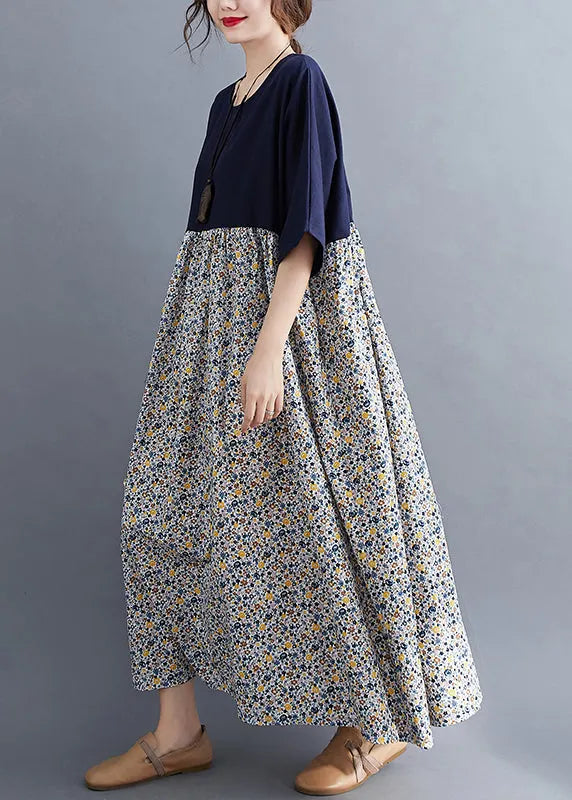 Navy O-neck Print Patchwork Maxi Dresses Half Sleeve