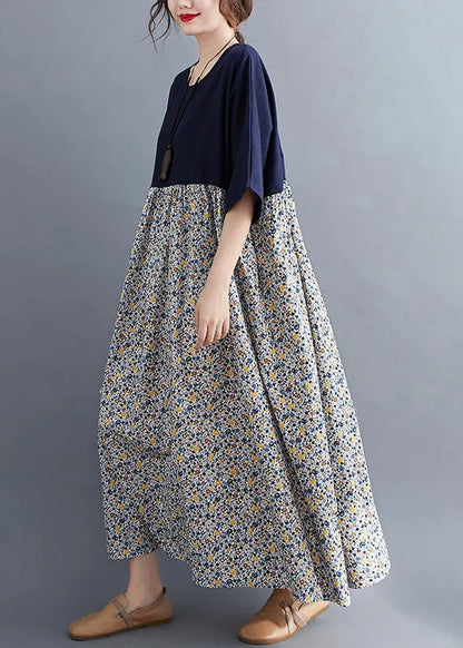 Navy O-neck Print Patchwork Maxi Dresses Half Sleeve