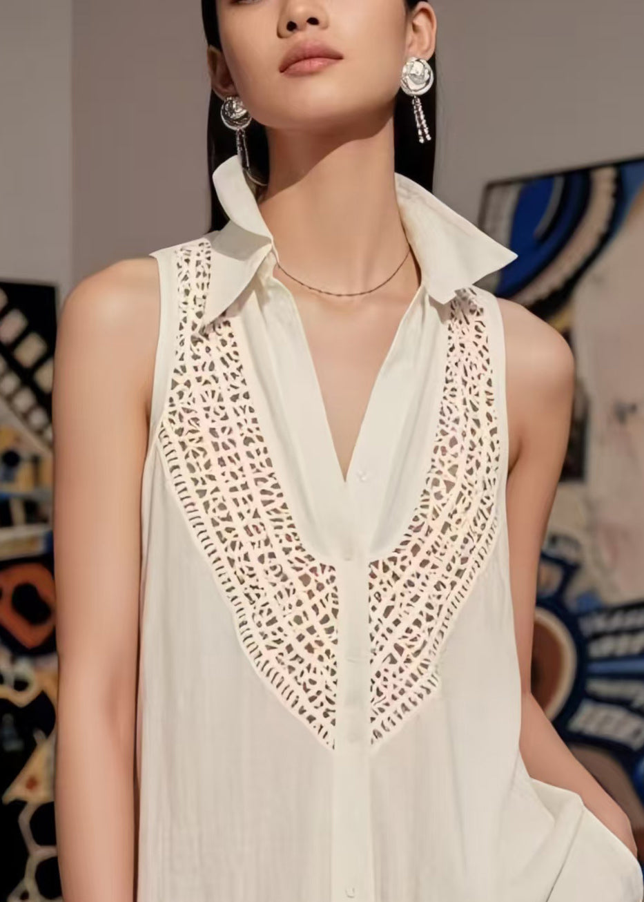 White V Neck Hollow Out Cotton Top Sleeveless