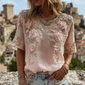 Women's Pink Flower Embroidery Art Round Neck Short Sleeve Linen Blend T-shirt elevenforest