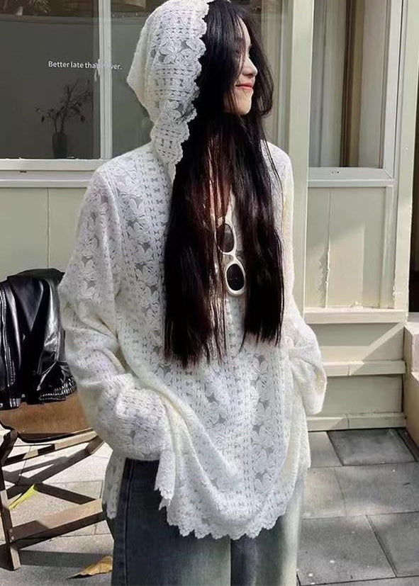 Diy White Hooded Jacquard Lace Pullover Sweatshirt Fall