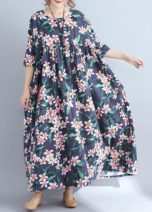 Blue Print Chiffon Quilting Clothes Half Sleeve Cinched Chiffon Summer Dress