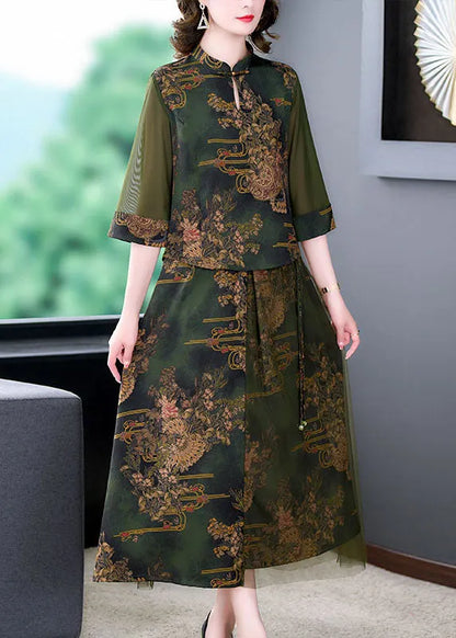Retro Green Stand Collar Print Tops and Skirts Patchwork Silk Two Piece Set Summer