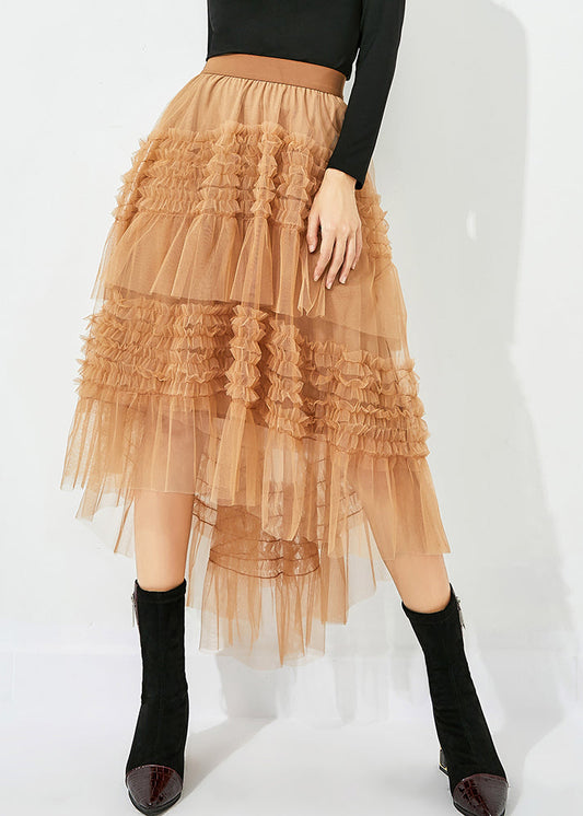 Yellow Low High Design Patchwork Wrinkled Tulle Skirts Summer