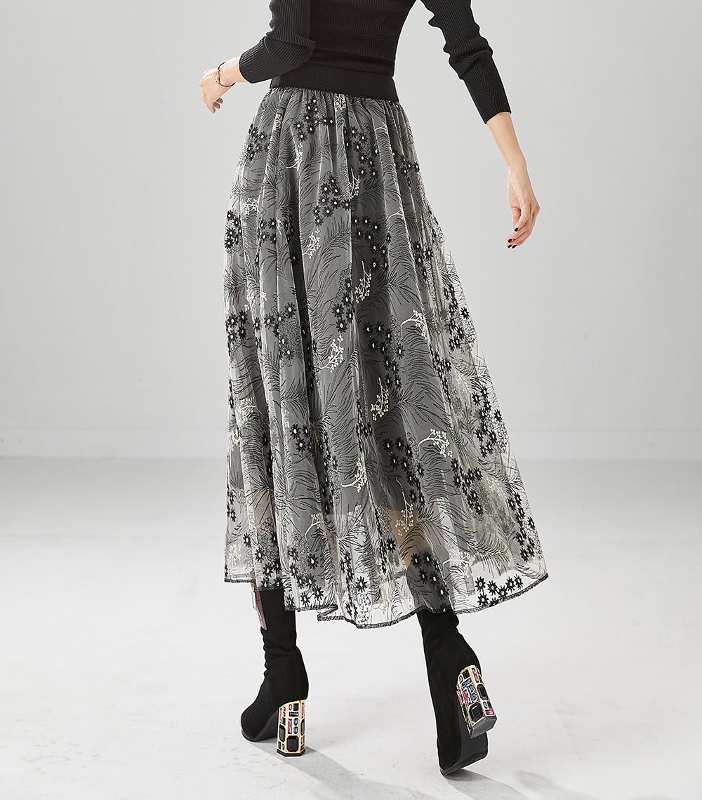 Grey Embroideried Exra Large Hem Tulle Skirts Fall