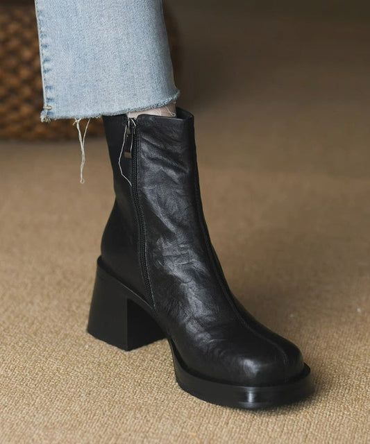 Zippered Splicing Chunky Heel Boots Black Faux Leather