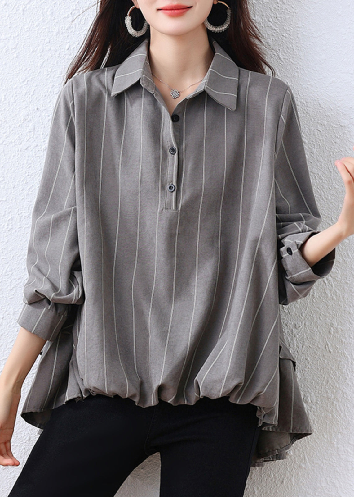 Grey Oversized Striped Cotton Shirt Tops Fall