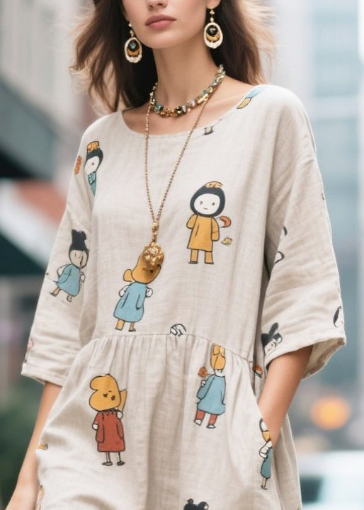 Beige Character Print Cotton Long Dress Half Sleeve