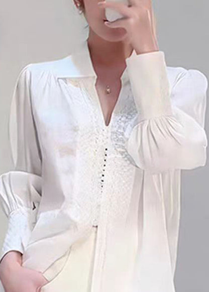White Peter Pan Collar Jacquard Cotton Shirts Top Fall