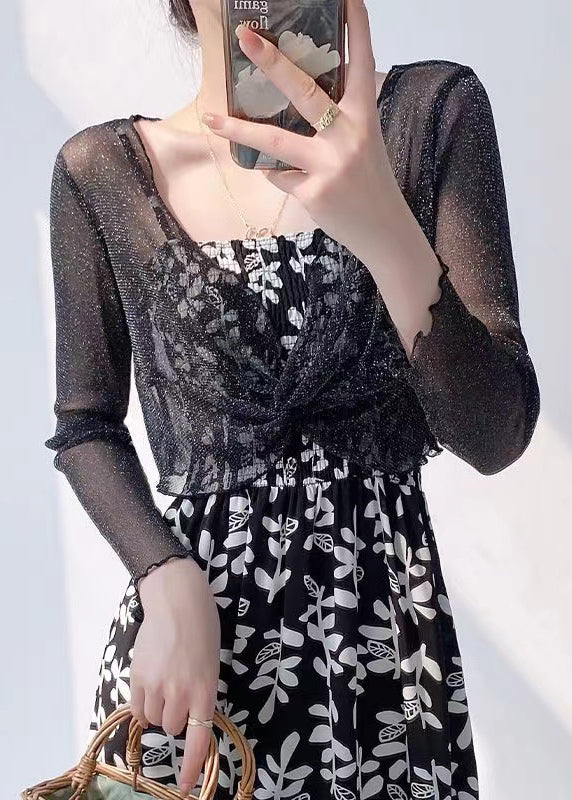 Grey V Neck Wrinkled Tulle Top Long Sleeve