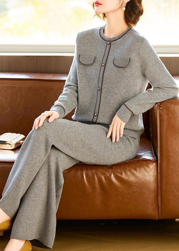 Grey O Neck Tops and Pants Wool Two Pieces Set Spring