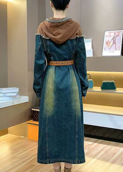 Hooded Sashes Patchwork Denim Shirts Dresses Spring