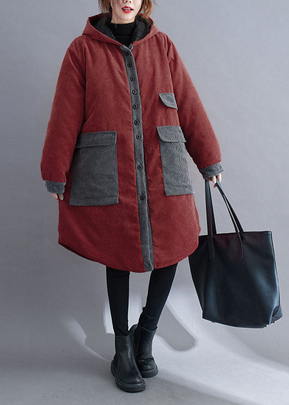 Red Hooded Button Corduroy Winter Cotton Long Coat Sleeve