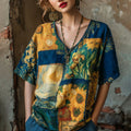 Oil Painting Patchwork Art Print V-neck Linen Blend T-shirt elevenforest
