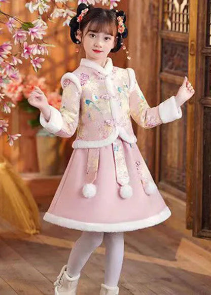 Pink Stand Collar Button Coats and Skirts Two Pieces Set Winter