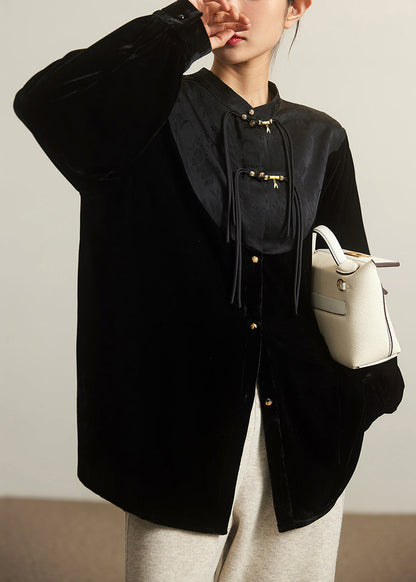 Loose Black Stand Collar Button Patchwork Silk Velour Top Long Sleeve