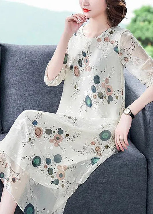 Loose White O-neck Print Silk Holiday Dress Half Sleeve