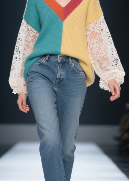 Loose Colorblock Hollow Out Lace Patchwork Knit Sweater Fall
