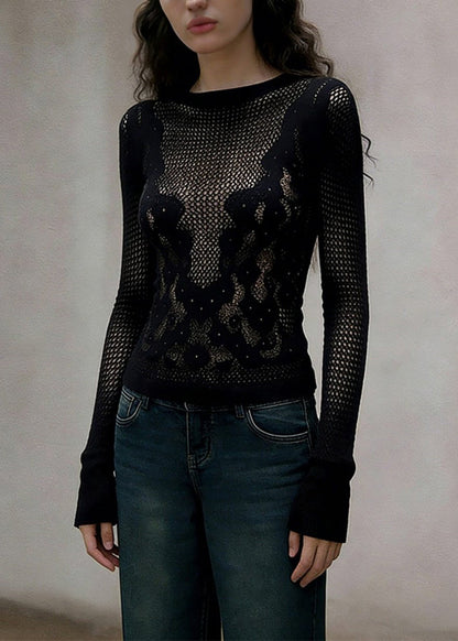 Slim Fit Black Hollow Out Knitting Cotton T Shirt Spring