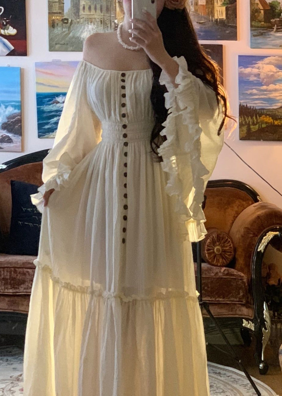 White Ruffled High Waist Cotton Maxi Dress Flare Sleeve