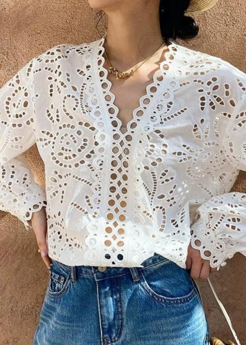 White Oversized Hollow Out Cotton Top Fall